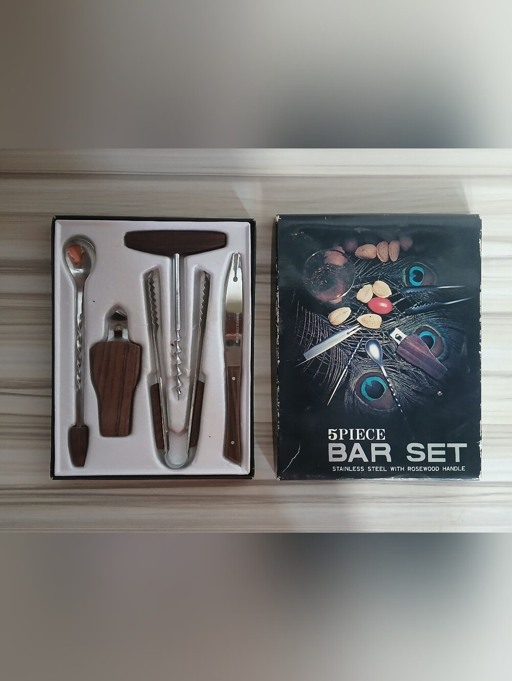 Vtg Mid-Century Modern Stainless Steel Rosewood 5 Piece Bar Set in Box Japan - Picture 1 of 9